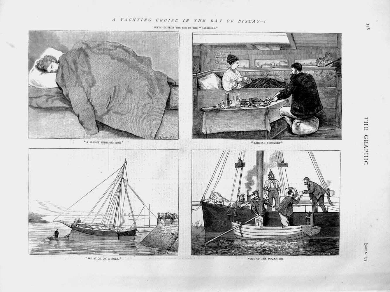 Original Old Antique Print 1874 Yachting Cruise Bay Biscay Douaniers Boats Ship