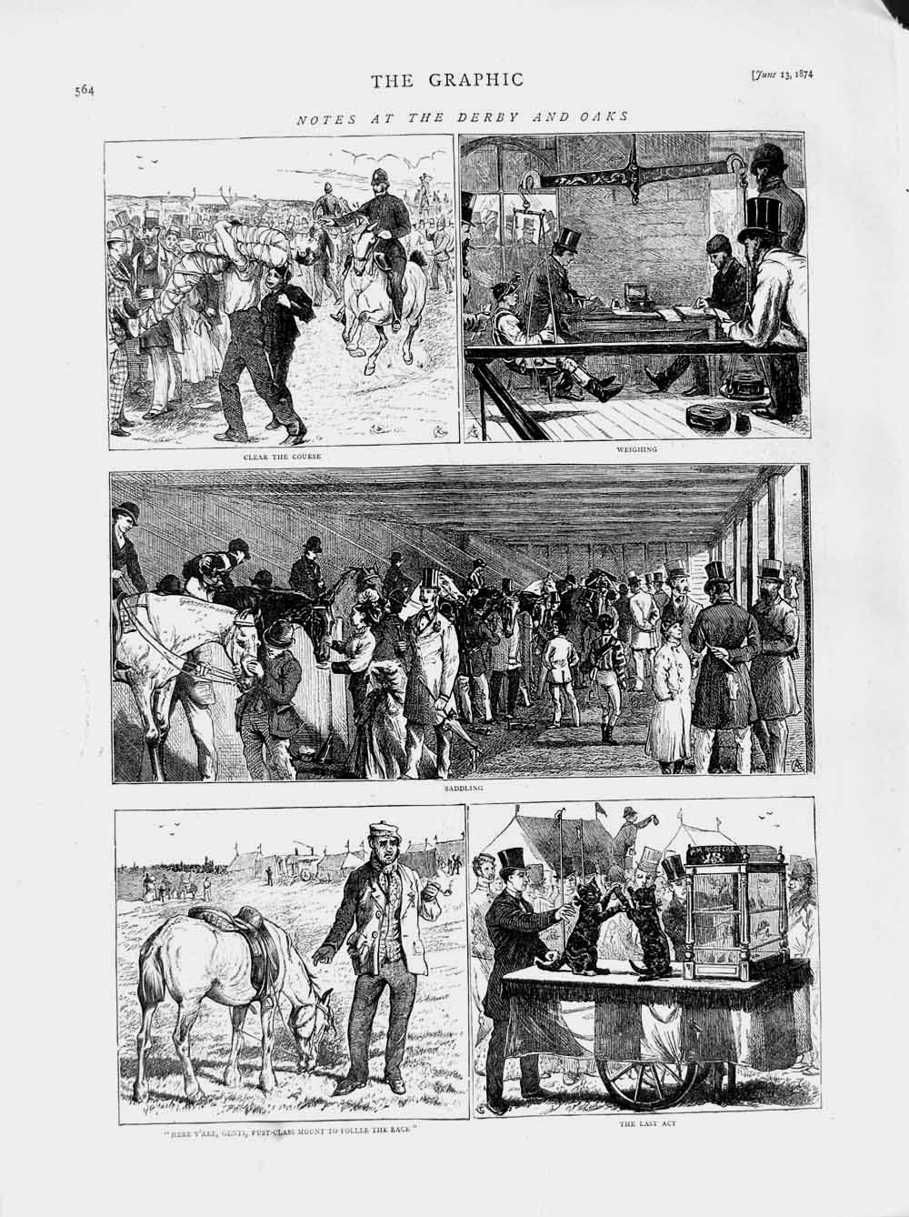 Original Old Antique Print 1874 Derby Oaks Horse Racing Sport Course Weighing