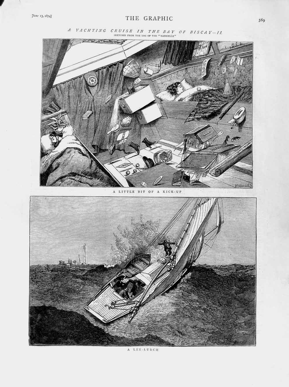 Original Old Antique Print 1874 Yachting Bay Biscay Boats Gabrielle Stormy Sea