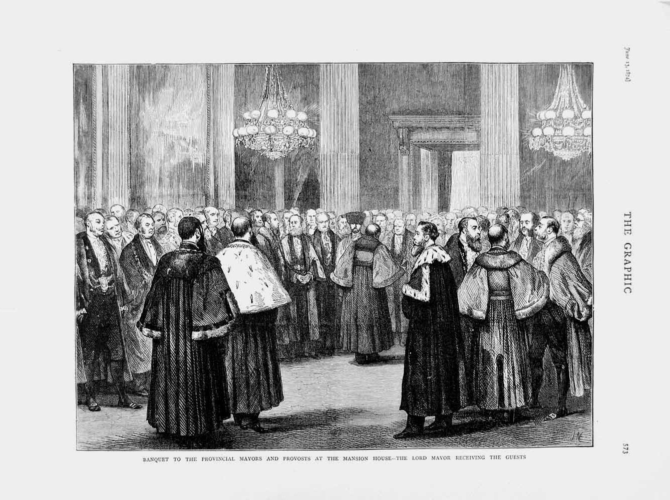 Old Antique Print 1874 Banquet Lord Mayors Provost Mansion House London 19th