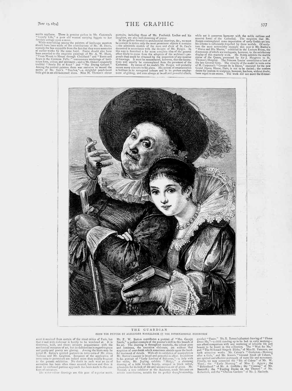 Original Old Antique Print 1874 Alexander Markelbach Guardian Man Young Girl