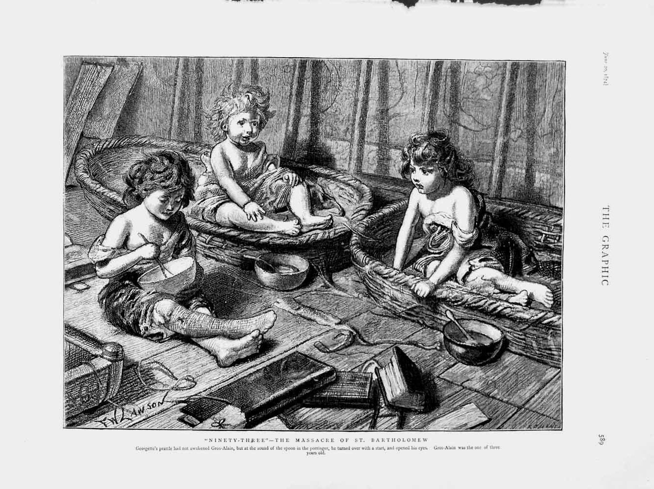 Old Antique Print 1874 Children Baskets Little Boys Gros-Alain Fine Art 19th