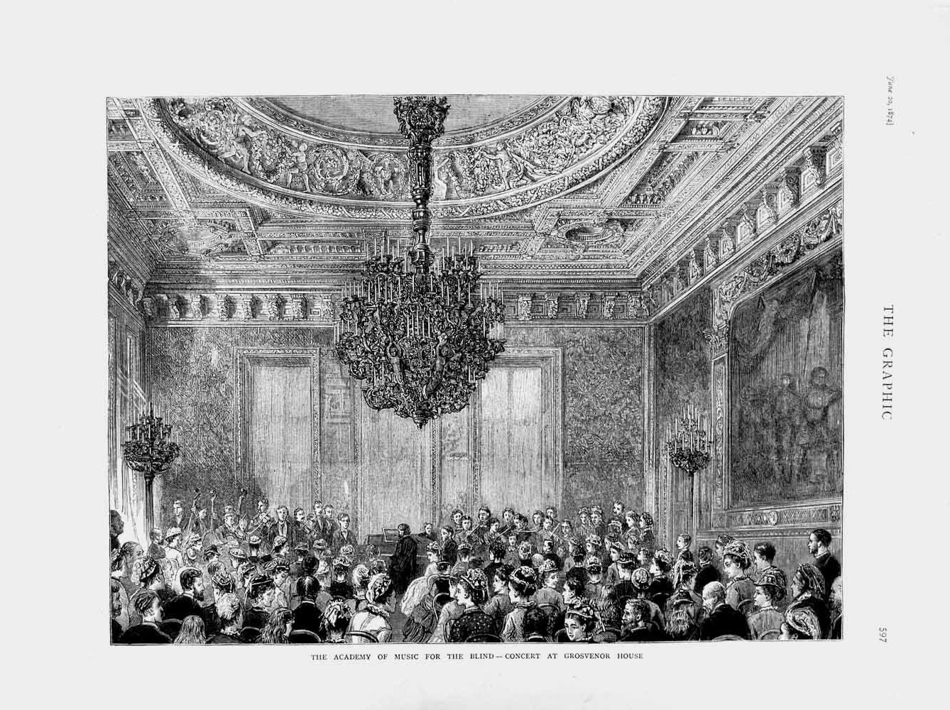 Original Old Antique Print 1874 Academy Music Blind Concert Grosvenor House