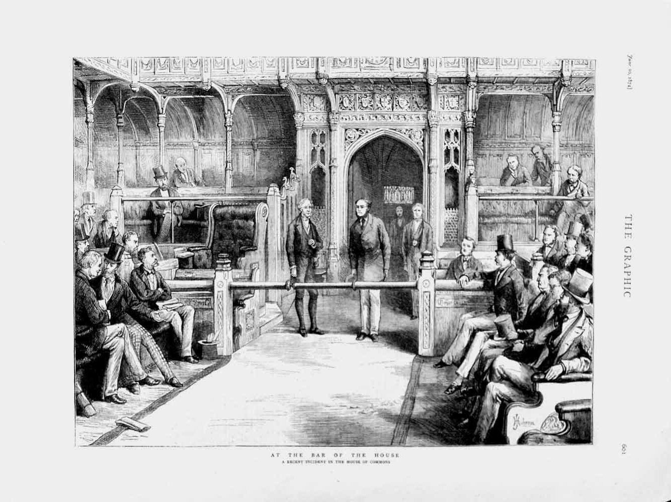 Original Old Antique Print 1874 House Commons Men Bar House Meeting Victorian