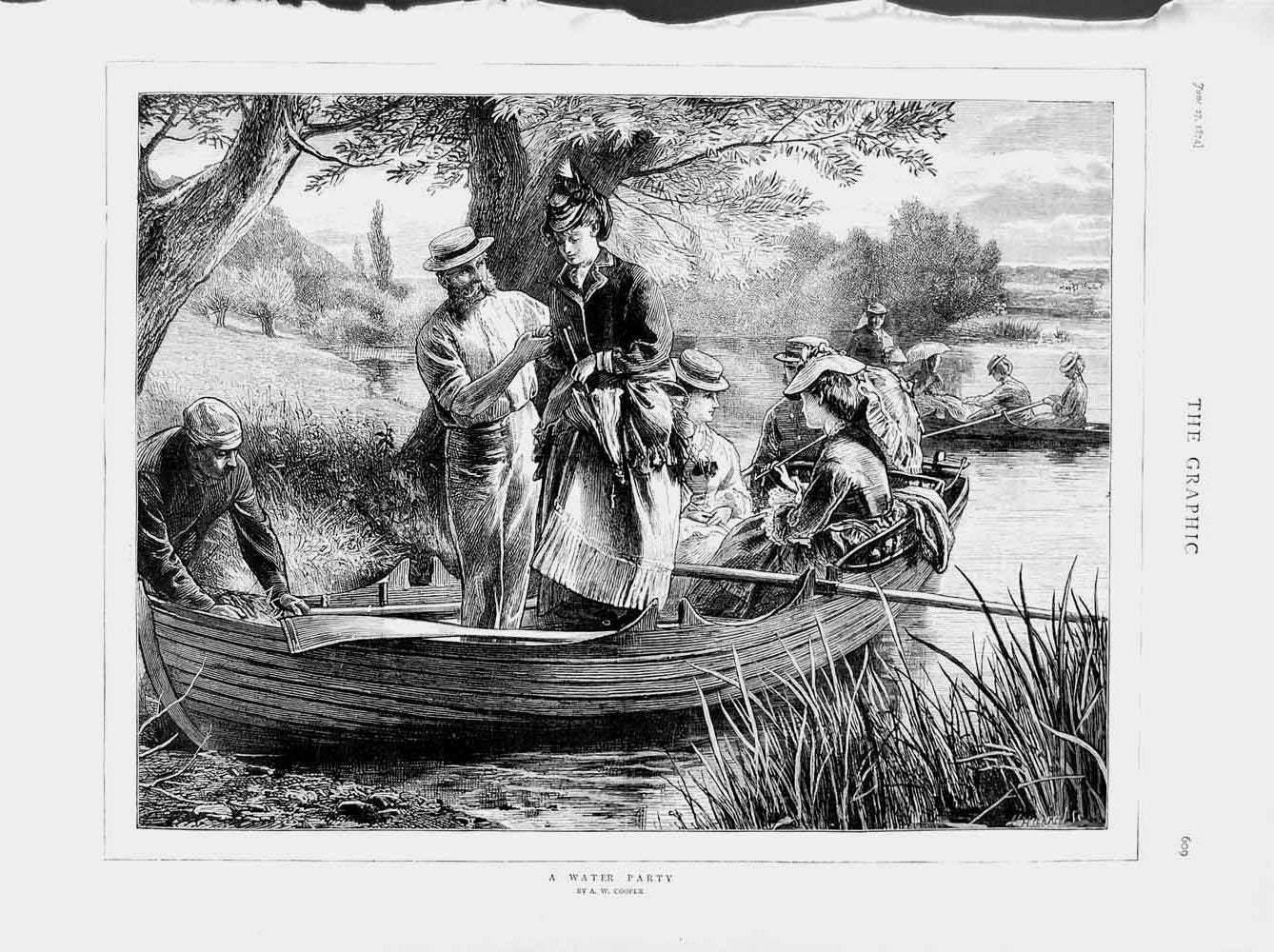 Old Antique Print 1874 River Boat Romance Ladies Men Country Scene Cooper 19th