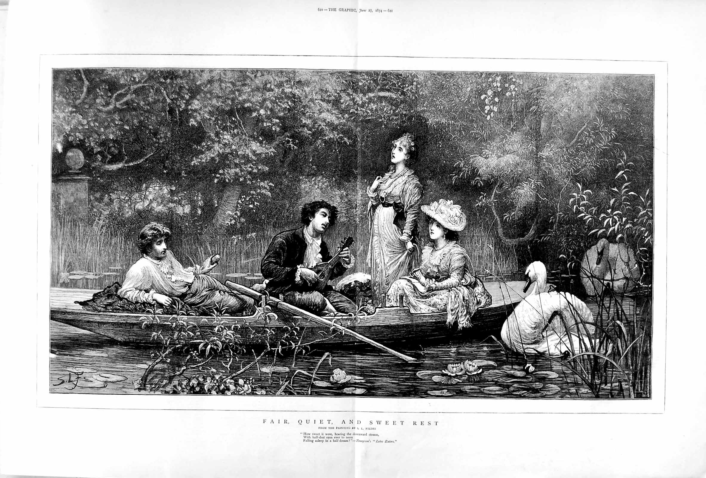 Old Antique Print 1874 Ladies Men Romance River Boat Music Swan Fine Art 19th