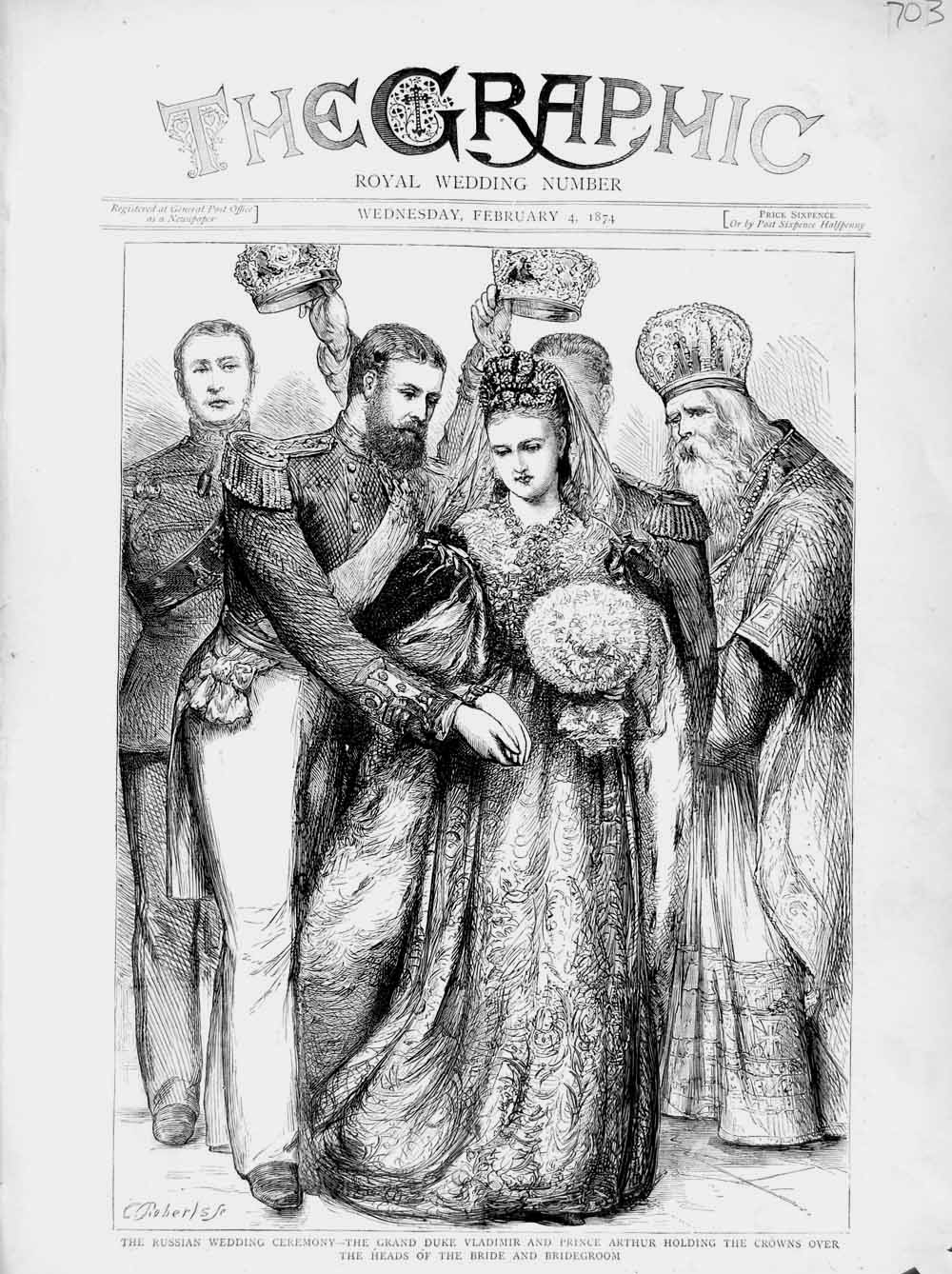 Old Antique Print 1874 Russian Wedding Duke Vladimir Prince Arthur Bride 19th