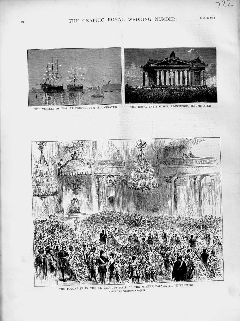 Old Antique Print 1874 George'S Hall Winter Palace Petersburg Edinburgh 19th