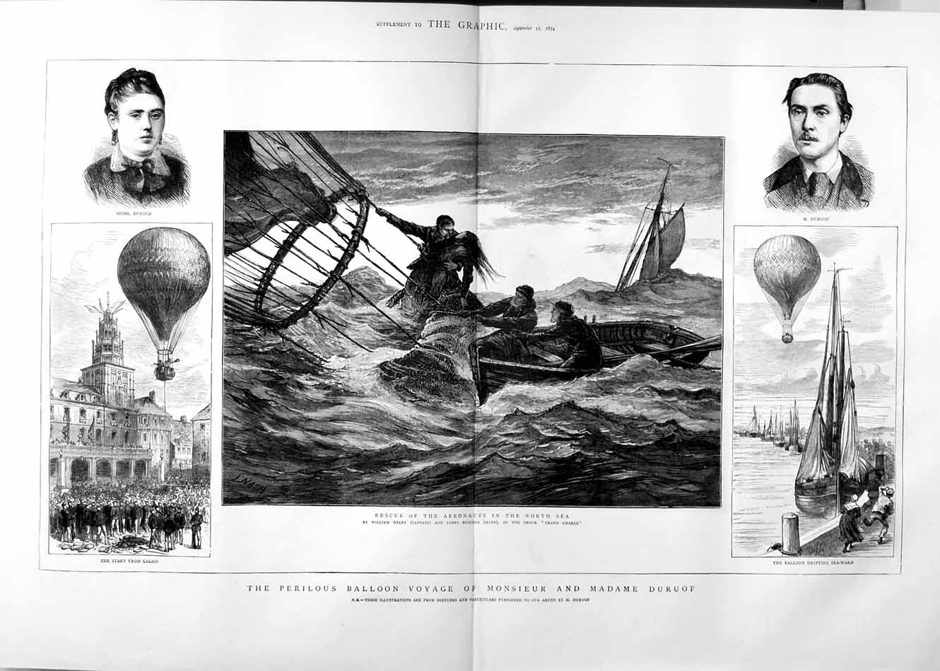 Original Old Antique Print 1874 Balloon Voyage Monsieur Madame Duruoxley Boat