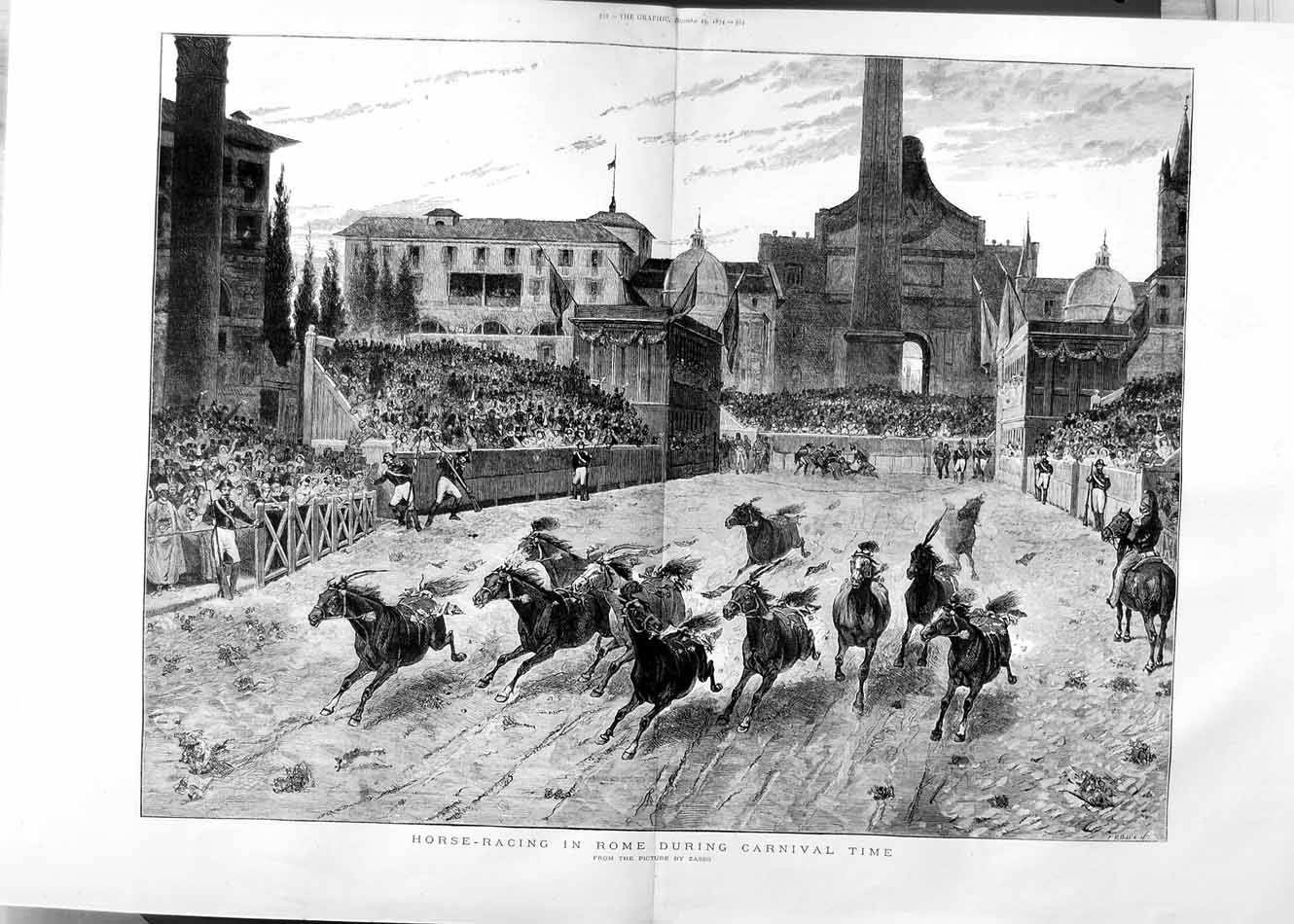 Old Antique Print 1874 Horse Racing Rome Italy Carnival Sport Fine Art 19th