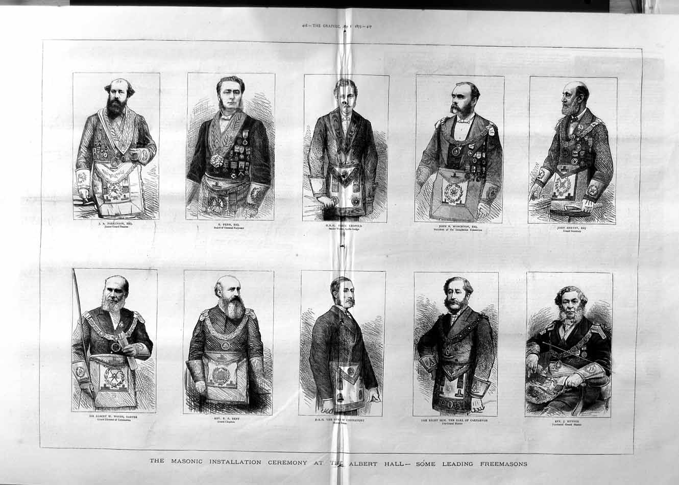 Original Old Antique Print 1875 Freemasons Albert Hall Fenn LeopDuke Woods Men