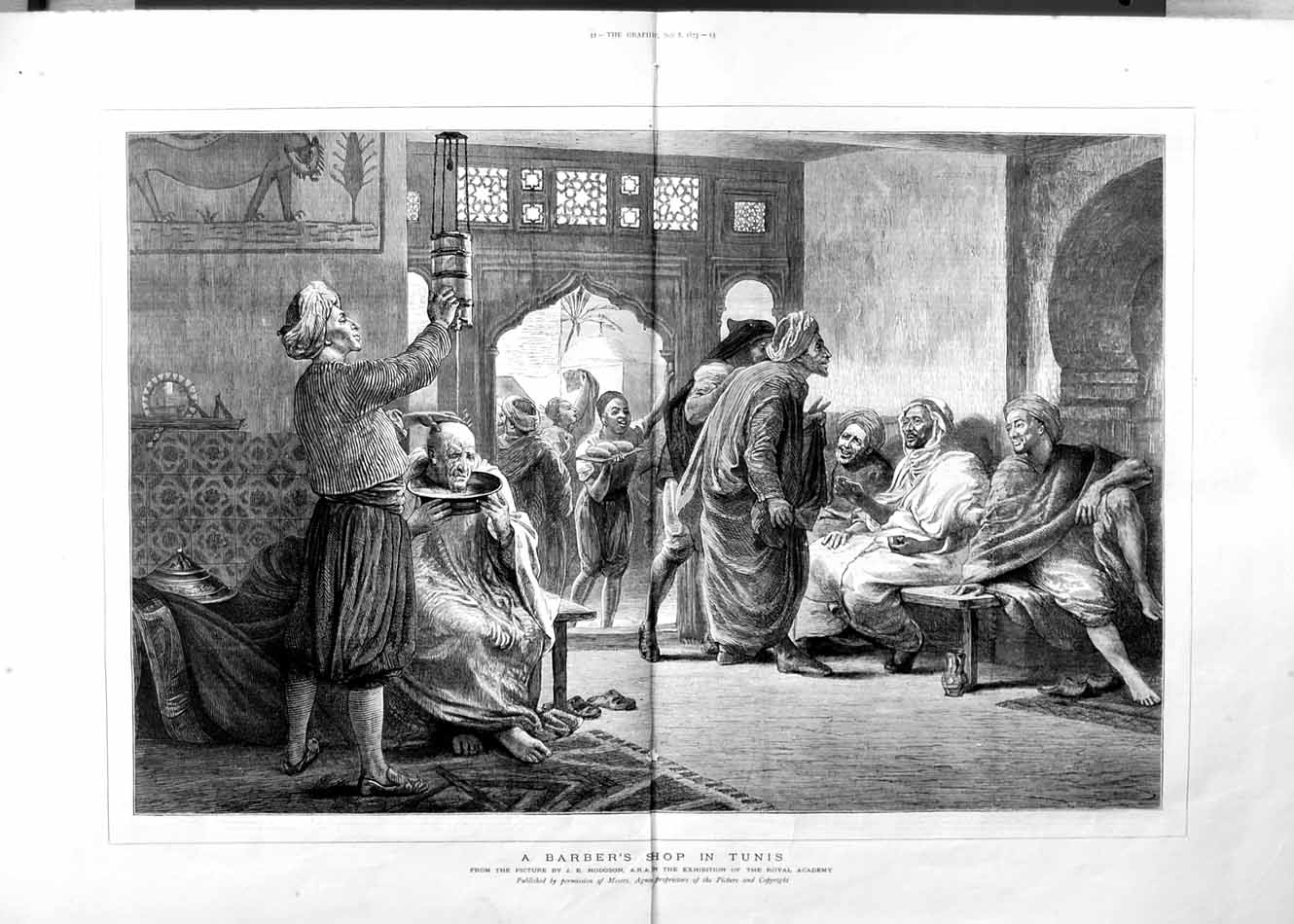 Old Antique Print 1875 Barbers Shop Tunis Men Hodgson Art Royal Academy 0 19th