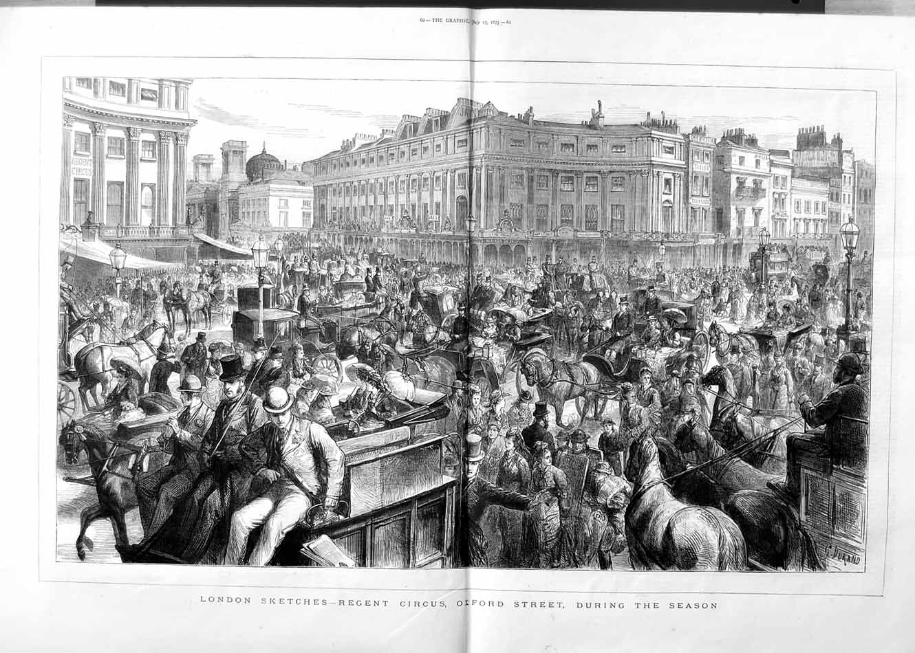 Antique Old Print 1875 Regent Circus Oxford Street Horses Carriage London 0 19th