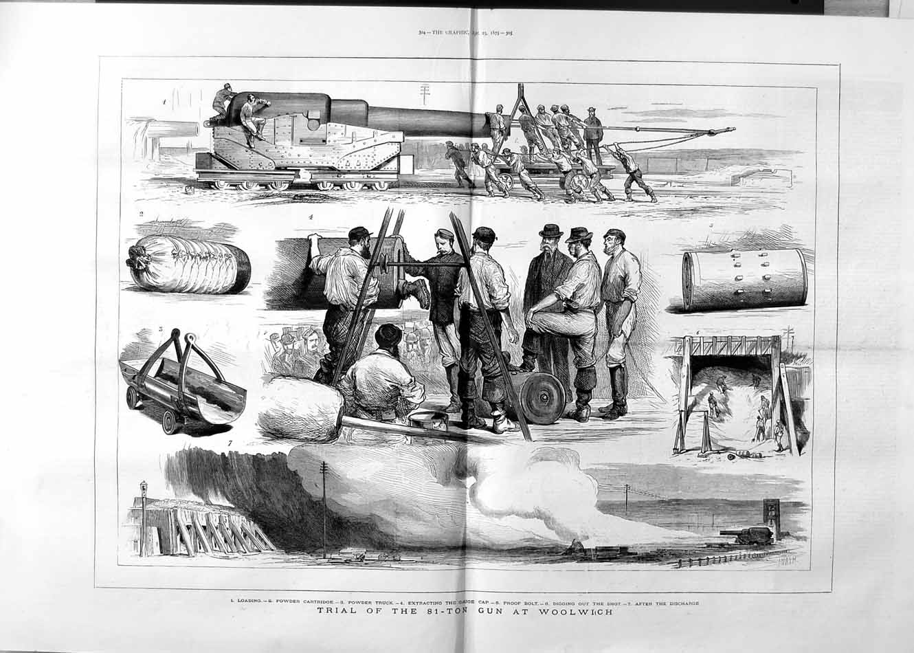 Original Old Antique Print 1875 Trial 81-Ton Gun Woolwich War Weapons Powder