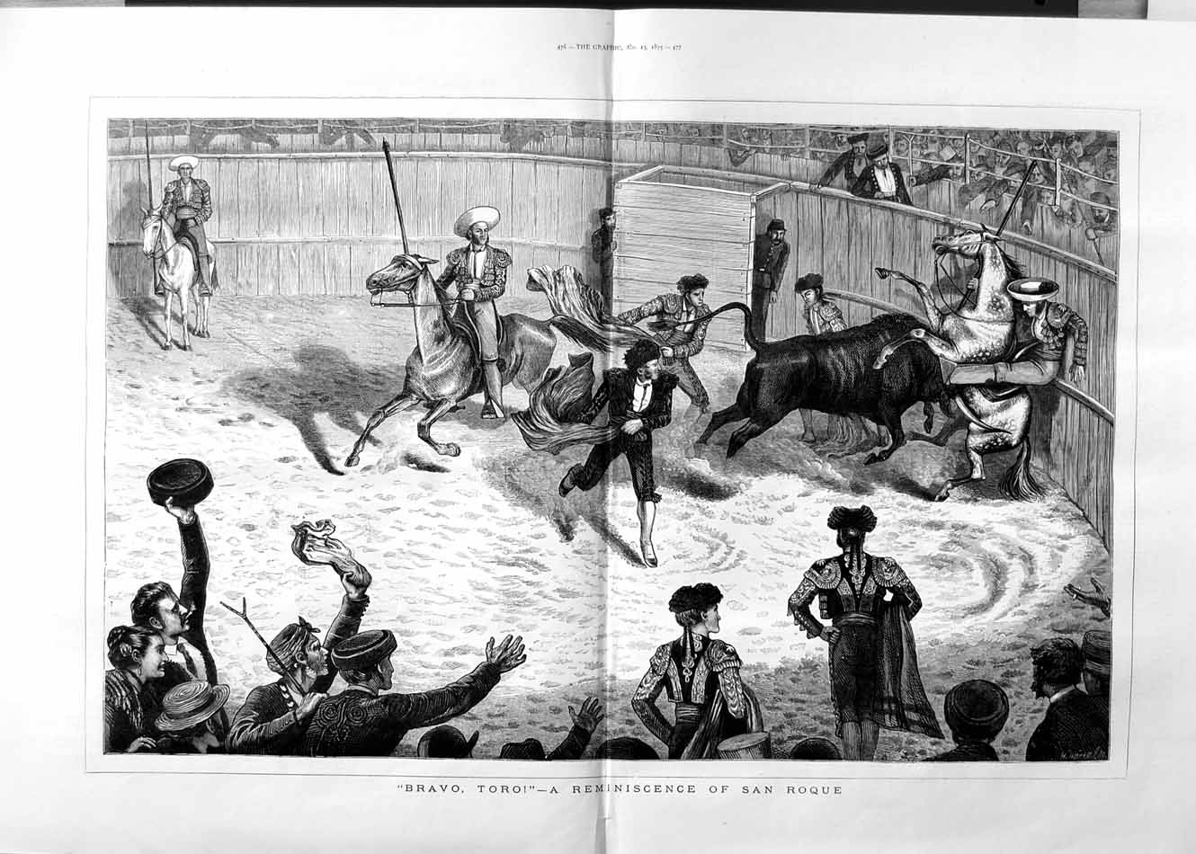 Antique Old Print 1875 Bull Fighting San Roque Men Matador Horse Fine Art 19th