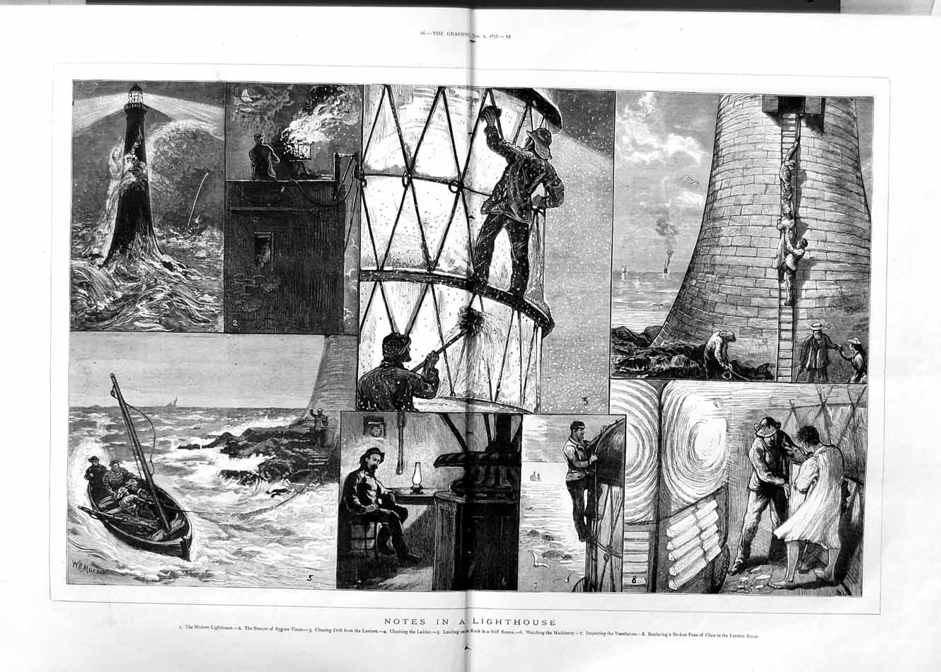 Original Old Antique Print 1876 Lighthouse Beacon Lantern Room Sea Glass 0 19th