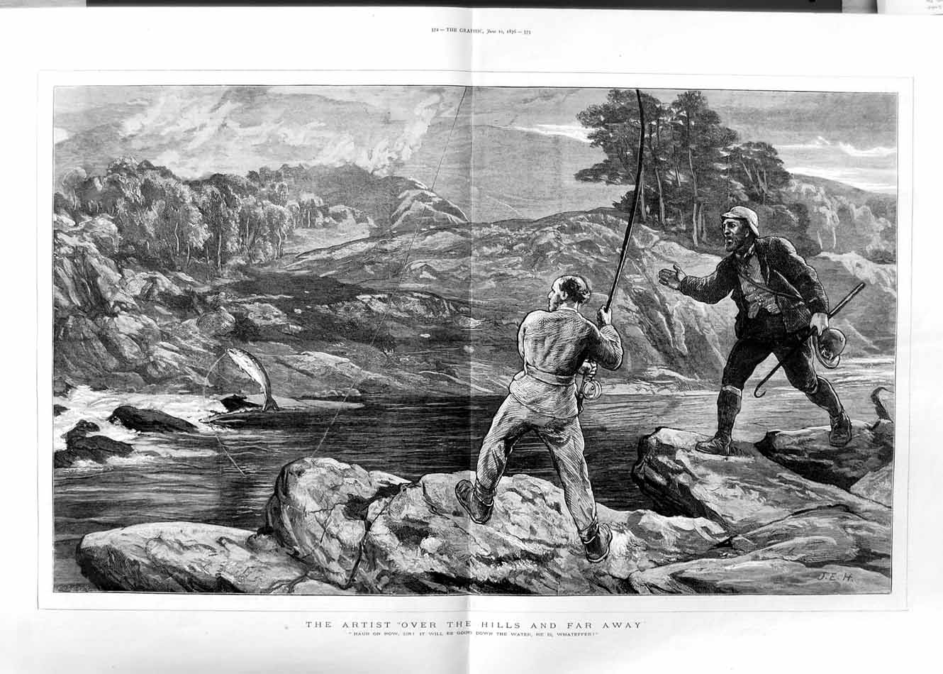 Old Antique Print 1876 Men Fishing Sport Mountains River Trees Fine Art 19th