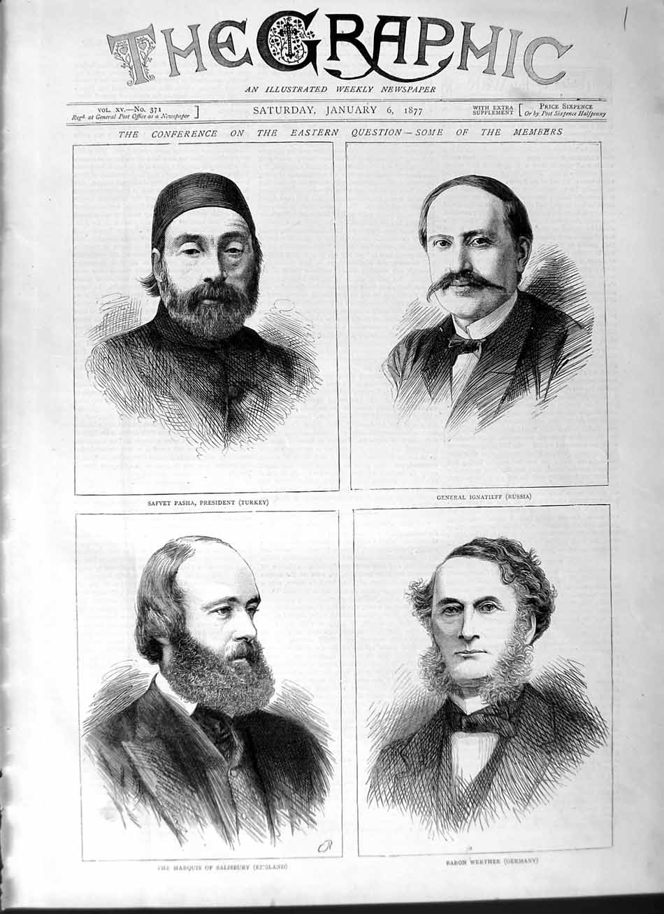 Old Antique Print 1877 Safvet Pasha Marquis Salisbury Werther Ignatieff 19th