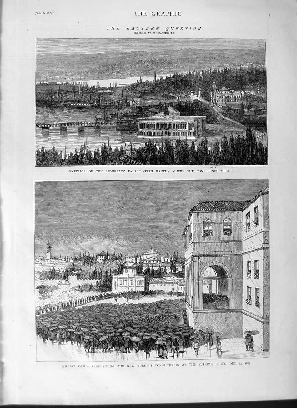 Original Old Antique Print 1877 Admiralty Palace Midhat Pasha Turkish Siers War