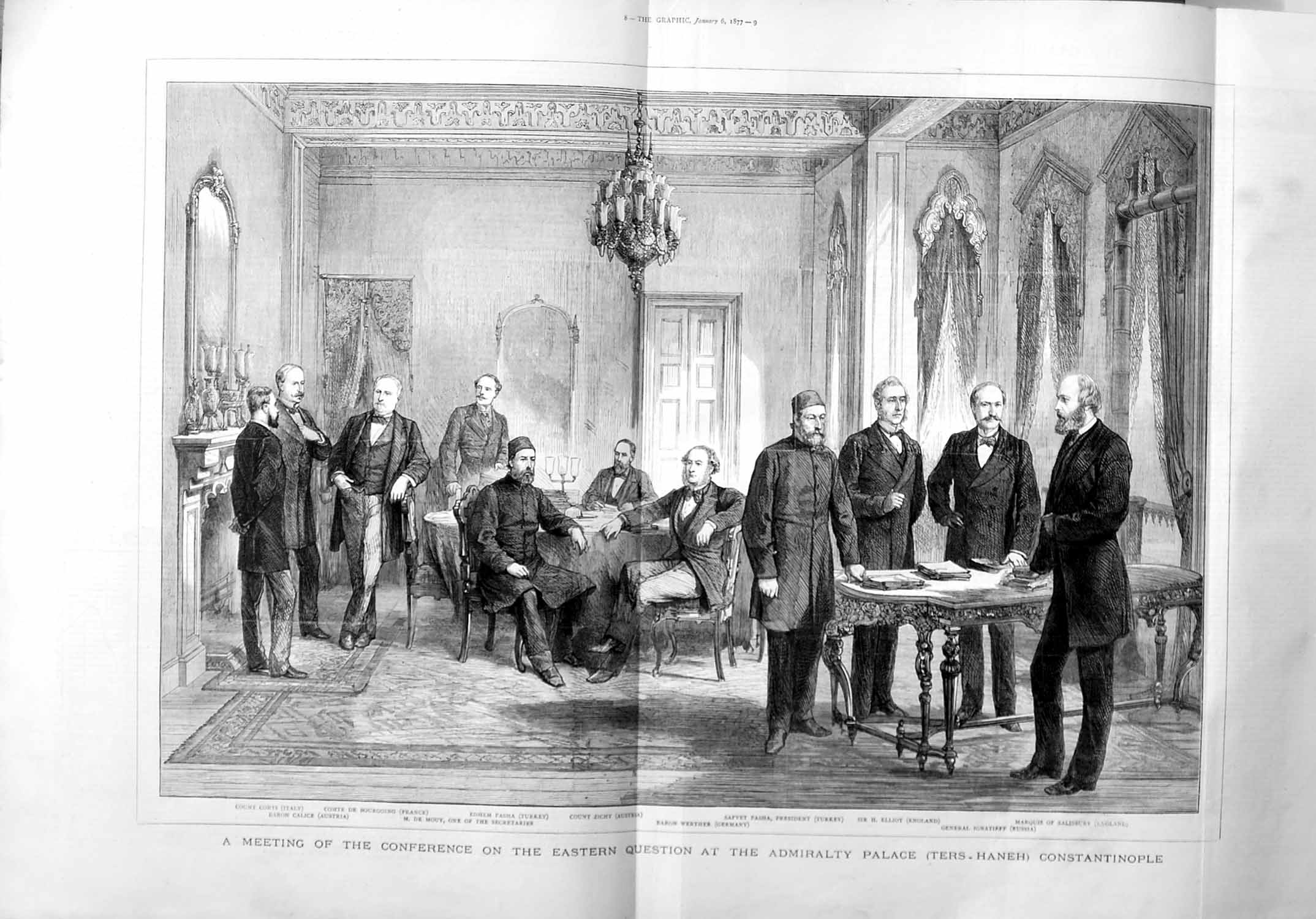 Old Antique Print 1877 Admiralty Palace Constantinople Men Corti Pasha 0 19th