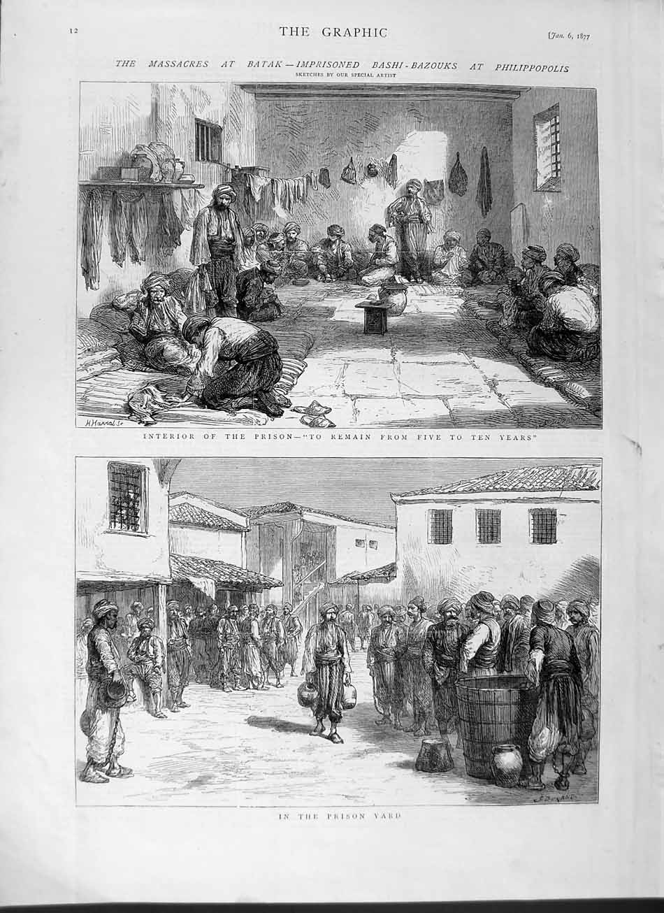 Original Old Antique Print 1877 Massacres Batak Prisoners Philippopolis Prison