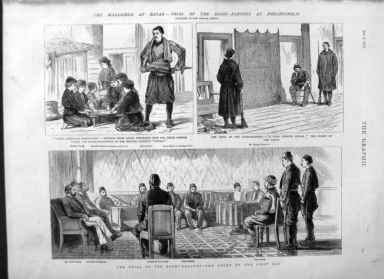 Old Antique Print 1877 Massacres Batak Bashi-Bazouks Court Philippopolis 19th