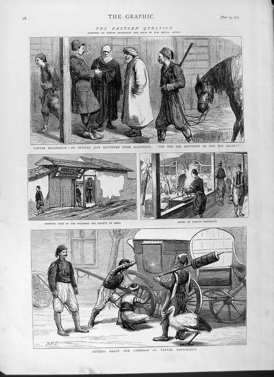 Original Old Antique Print 1877 Carriage Tartar Barsardjick Hosptal Sofia War