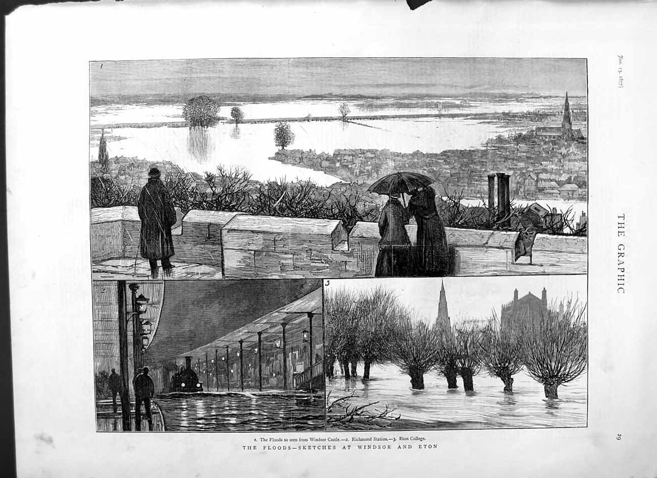 Old Antique Print 1877 Floods London Windsor Eton Richmond Station Eton 19th