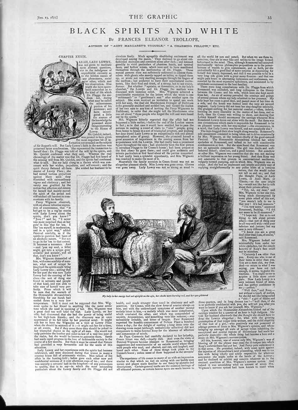 Original Old Antique Print 1877 Illustrations Story Black Spirit White Lady Man
