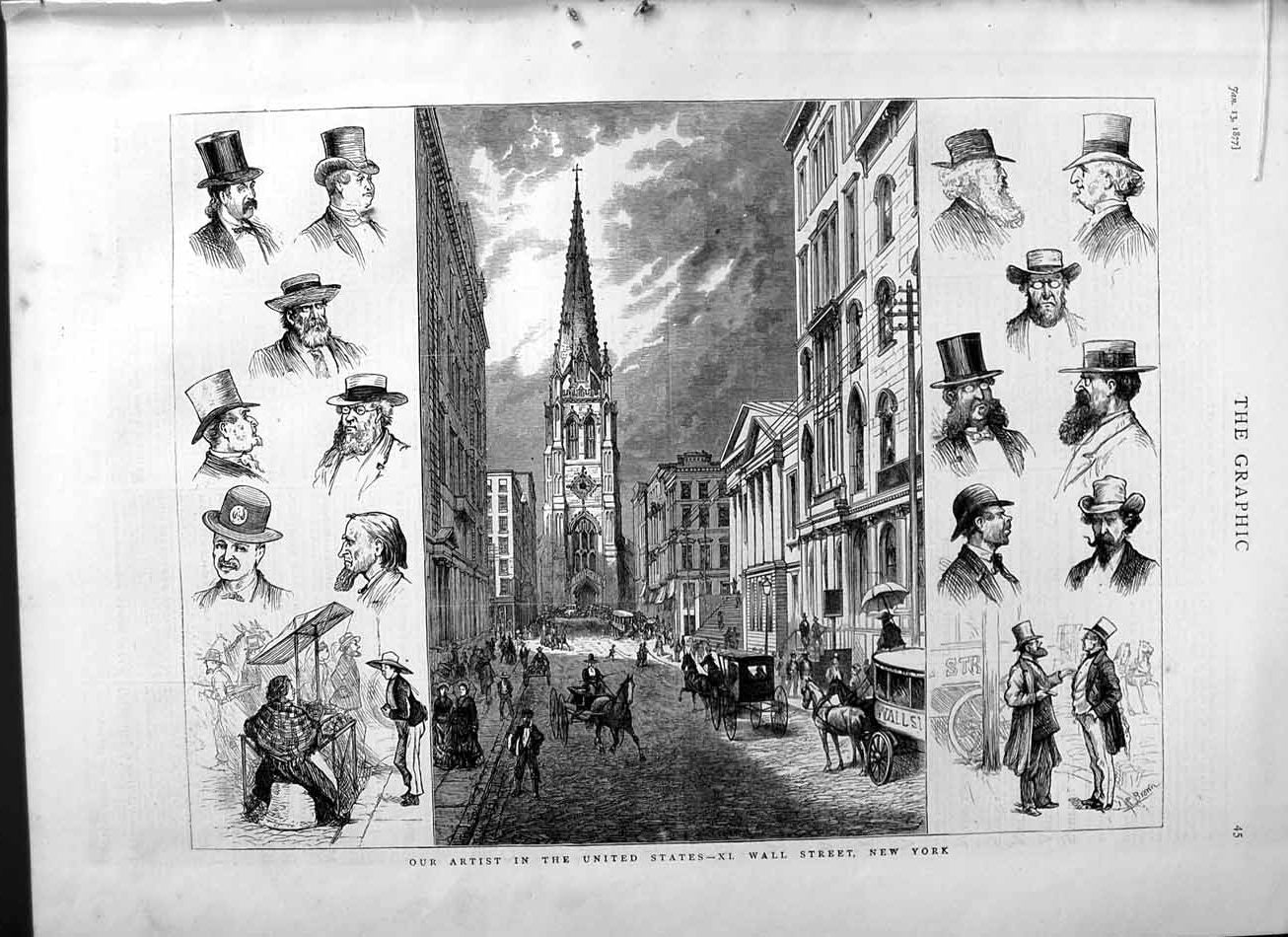 Old Antique Print 1877 America Scene Wall Street New York Buildings Men 19th
