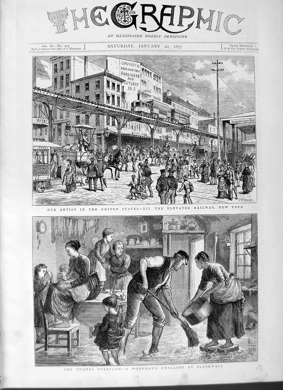 Old Antique Print 1877 America Elevated Railway New York Blackwall Thames 19th