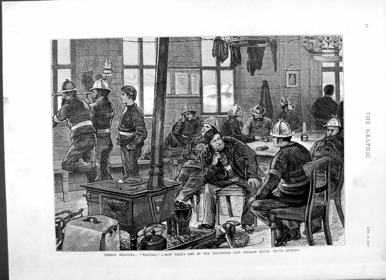 Old Antique Print 1877 Volunteer Life Brigade House Shields England Sea 19th