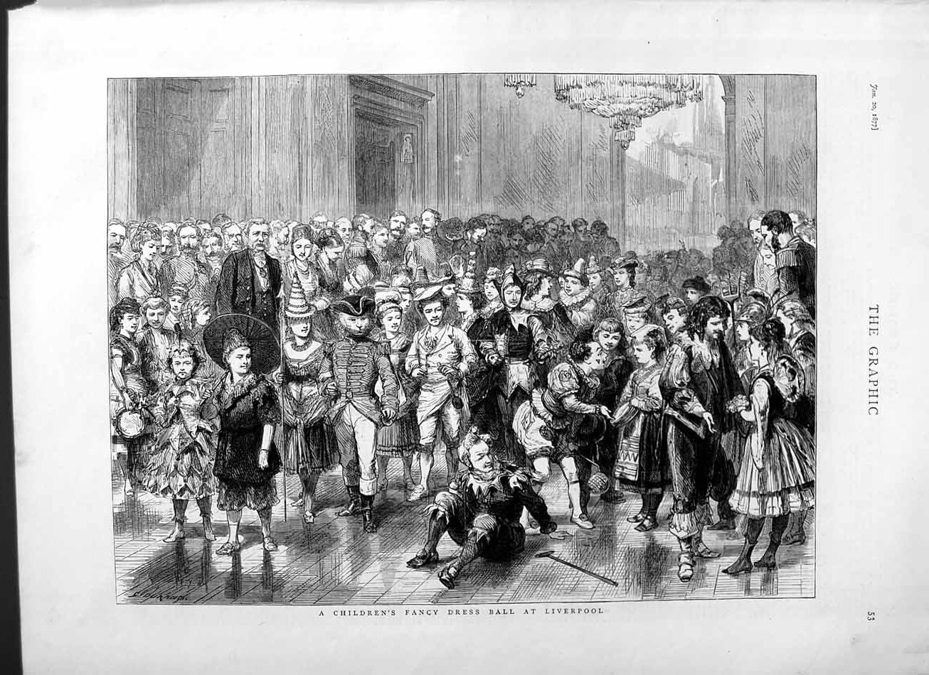 Original Old Antique Print 1877 Childrens Fancy Dress Ball Liverpool England