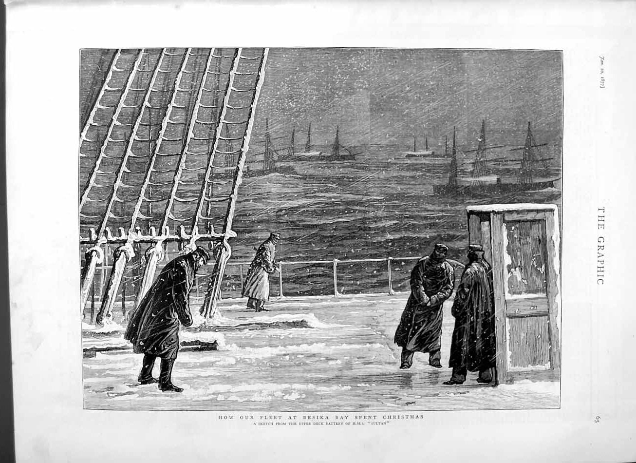 Original Old Antique Print 1877 Ships Besika Bay Deck H.M.S Sultan Navy Sailors
