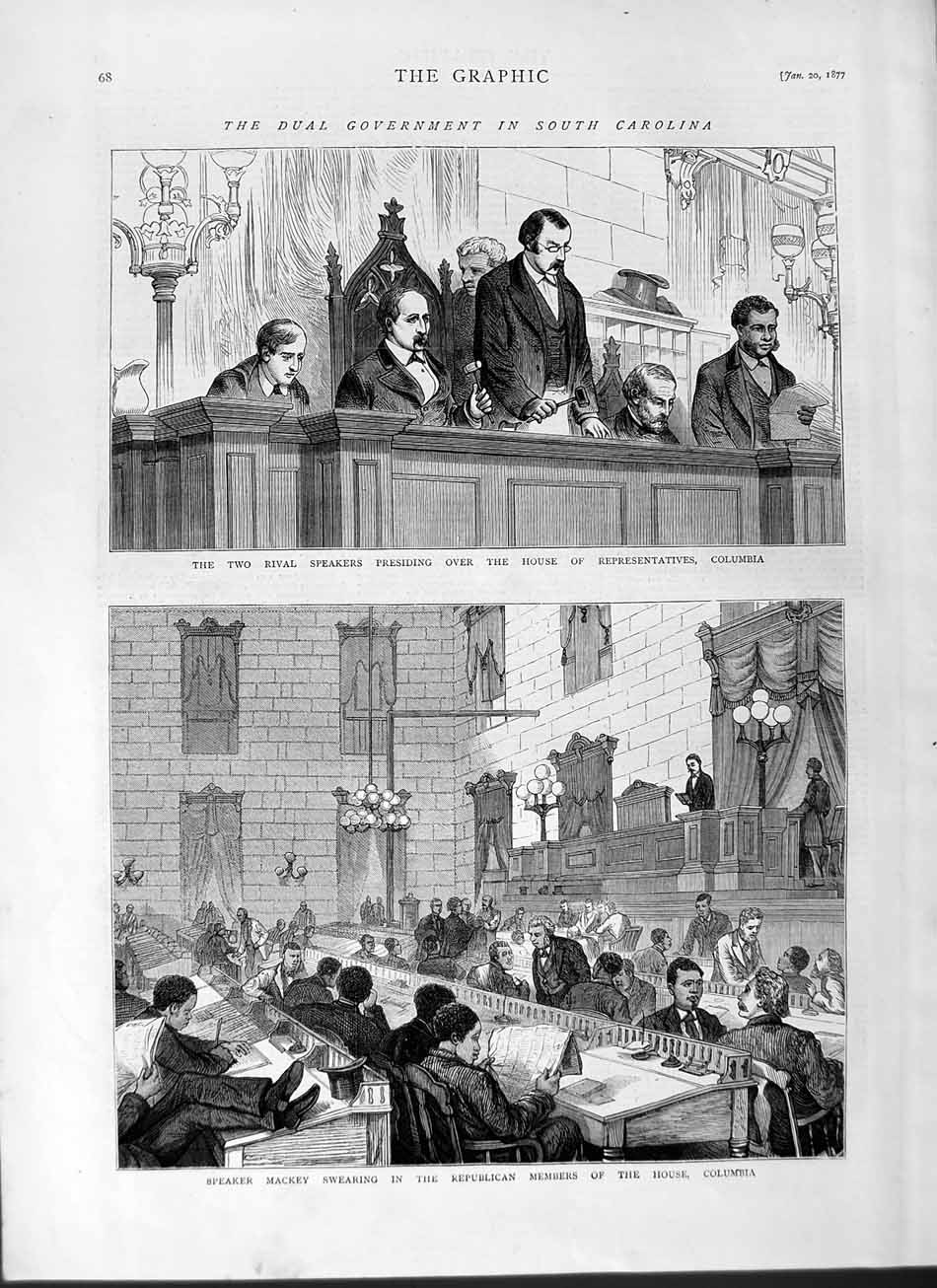 Old Antique Print 1877 Dual Government Columbia Mackey Republican House 19th