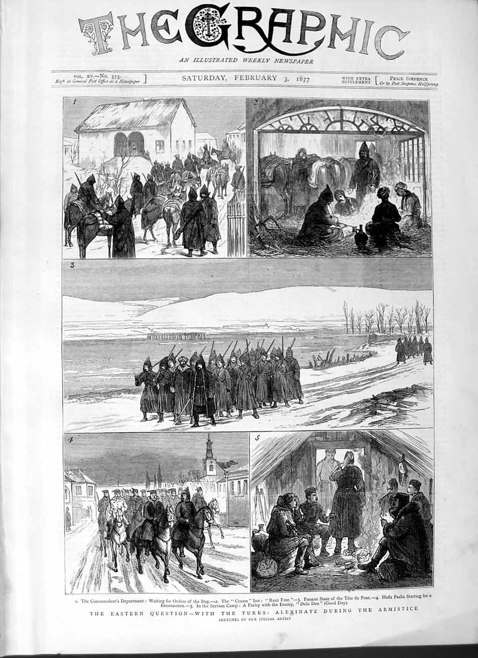 Old Antique Print 1877 Turks Army Alexinatz Armistice Hafiz Pasha Horses 19th