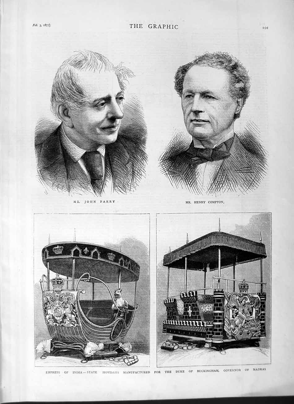 Original Old Antique Print 1877 John Parry Henry Compton Empress India Howdahs