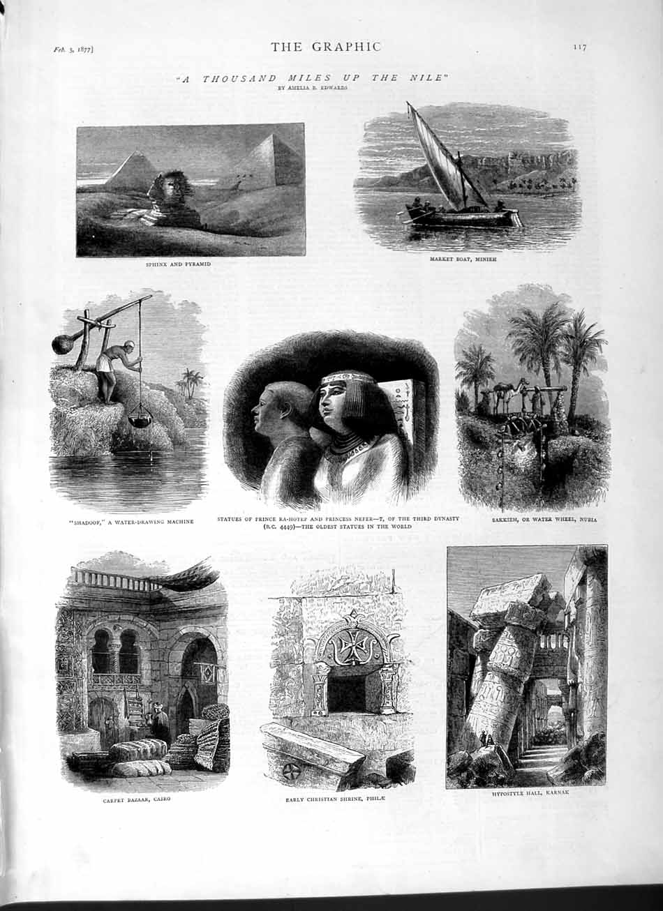 Original Old Antique Print 1877 Sphinx Pyramid Egypt Cairo Philae Shrine Nefer