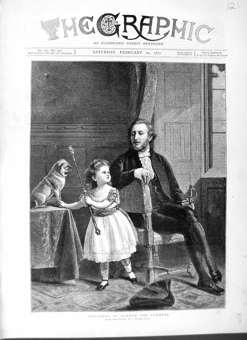 Old Antique Print 1877 Little Girl Puppy Dog Man Sitting Chair Fine Art 19th