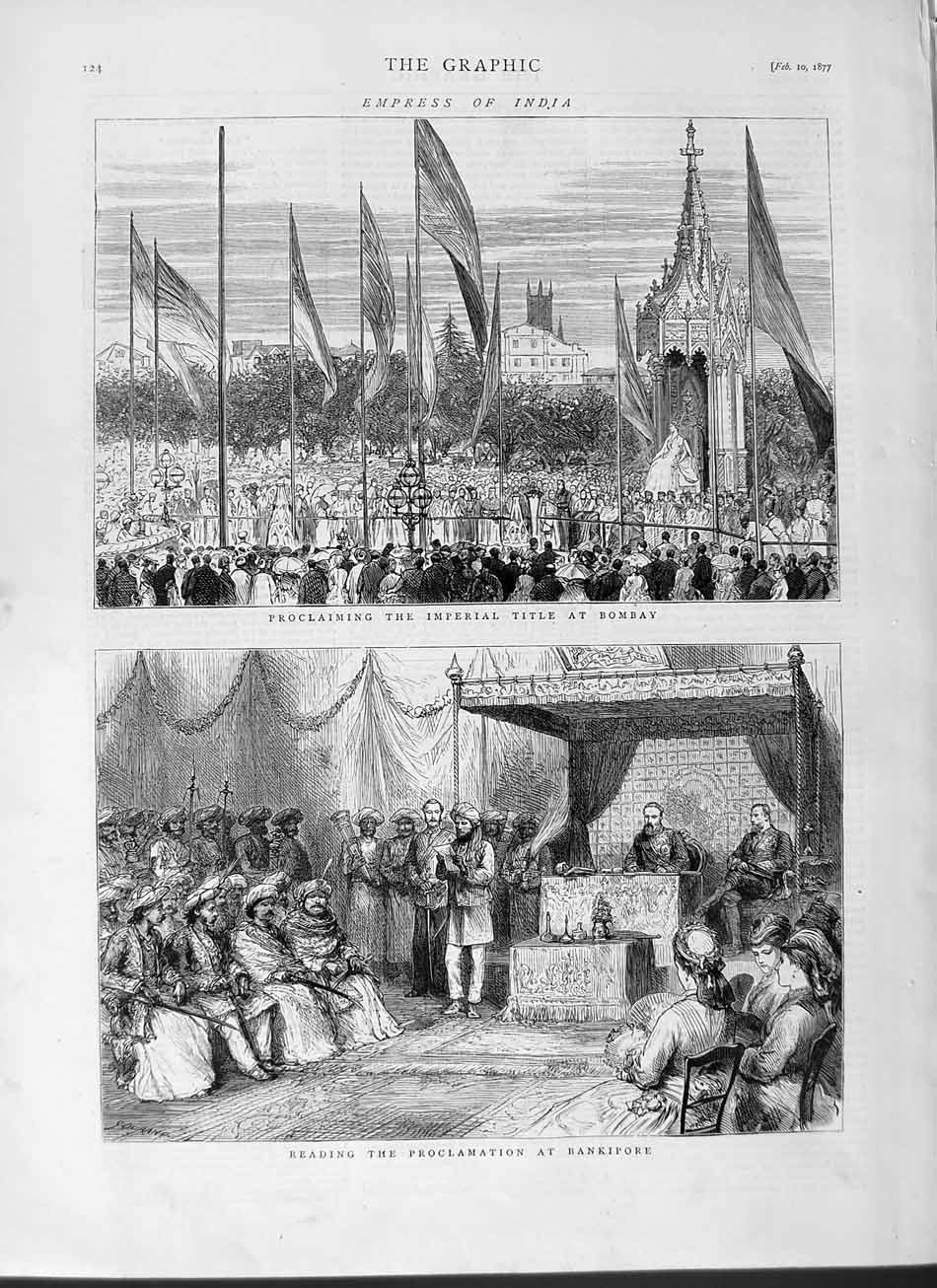 Original Old Antique Print 1877 Empress India Bombay Proclamation Bankipore