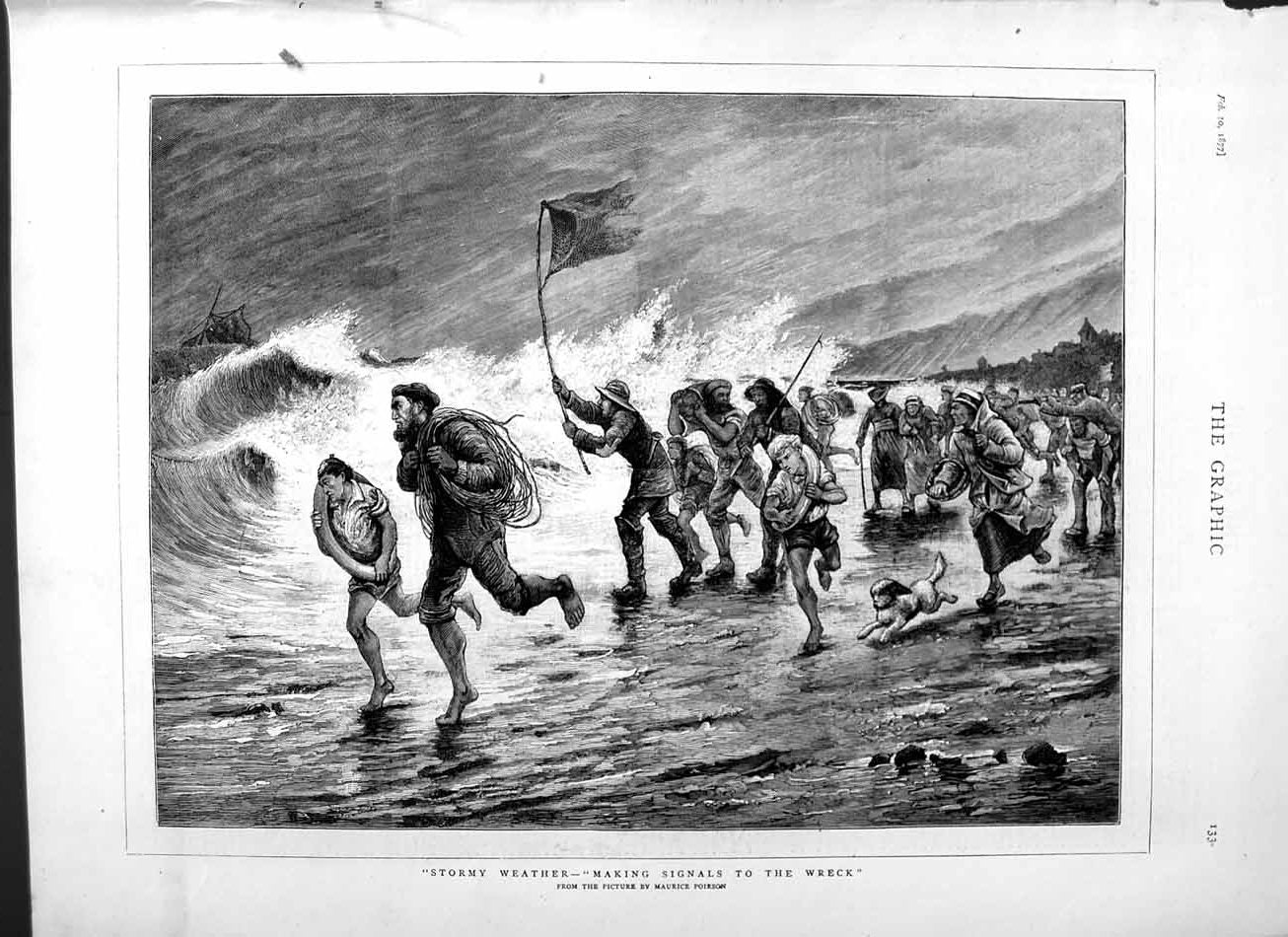 Old Antique Print 1877 Stormy Weather Scene Ship Wreck Signalling Beach 19th
