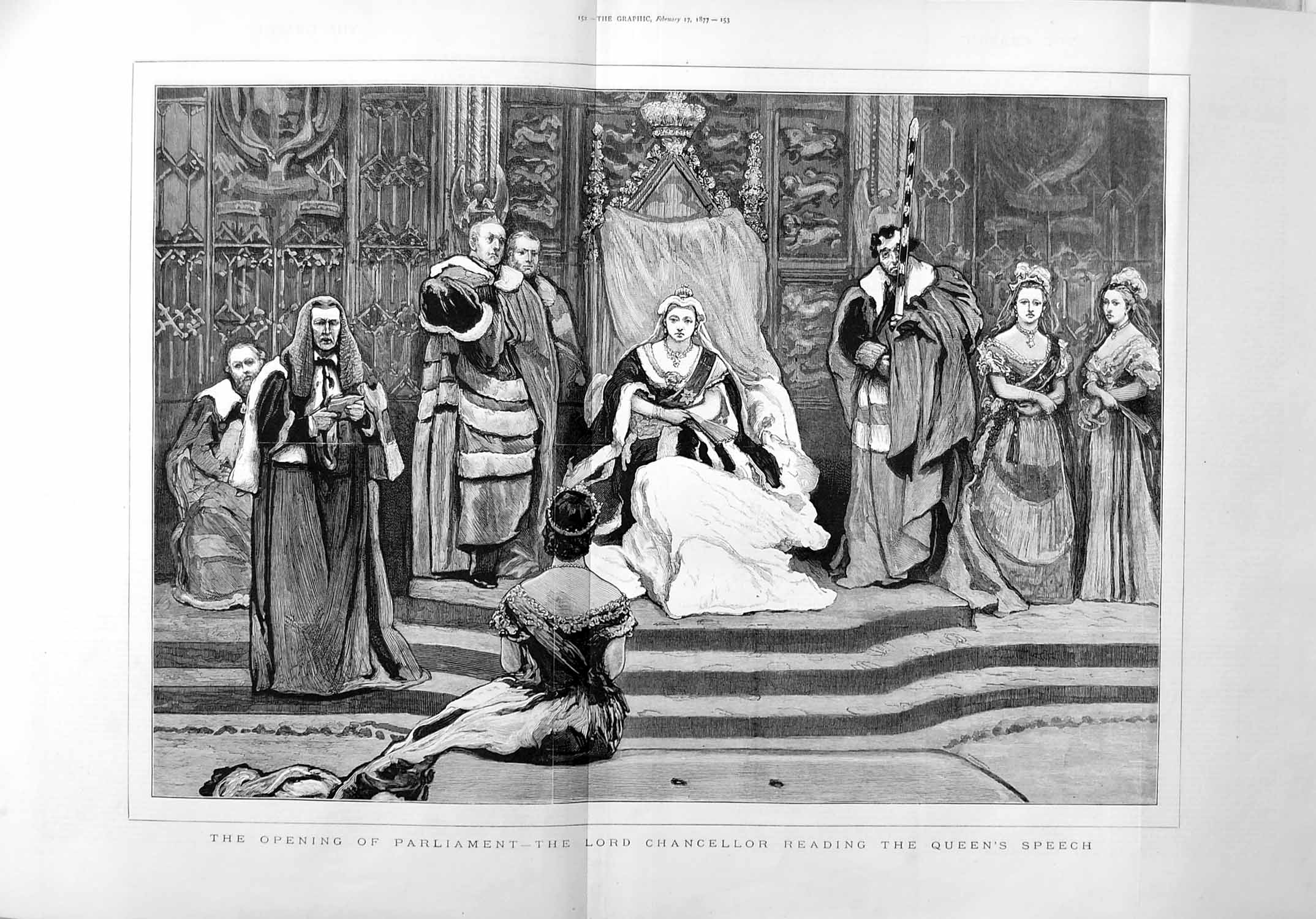 Old Antique Print 1877 Opening Parliament Lord Chancellor Queen'S Speech 19th