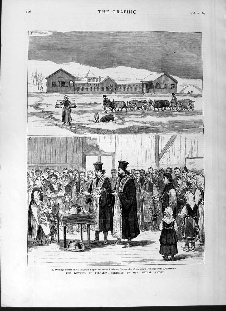 Old Antique Print 1877 Bulgaria Long Bullock Cart Archimandrite Children 19th