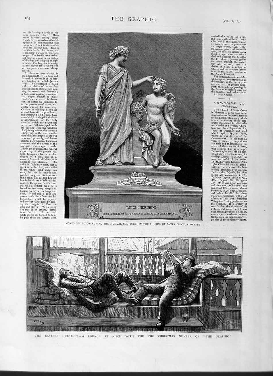 Old Antique Print 1877 Monument Cherubini Composer Church Florence Nisch 19th
