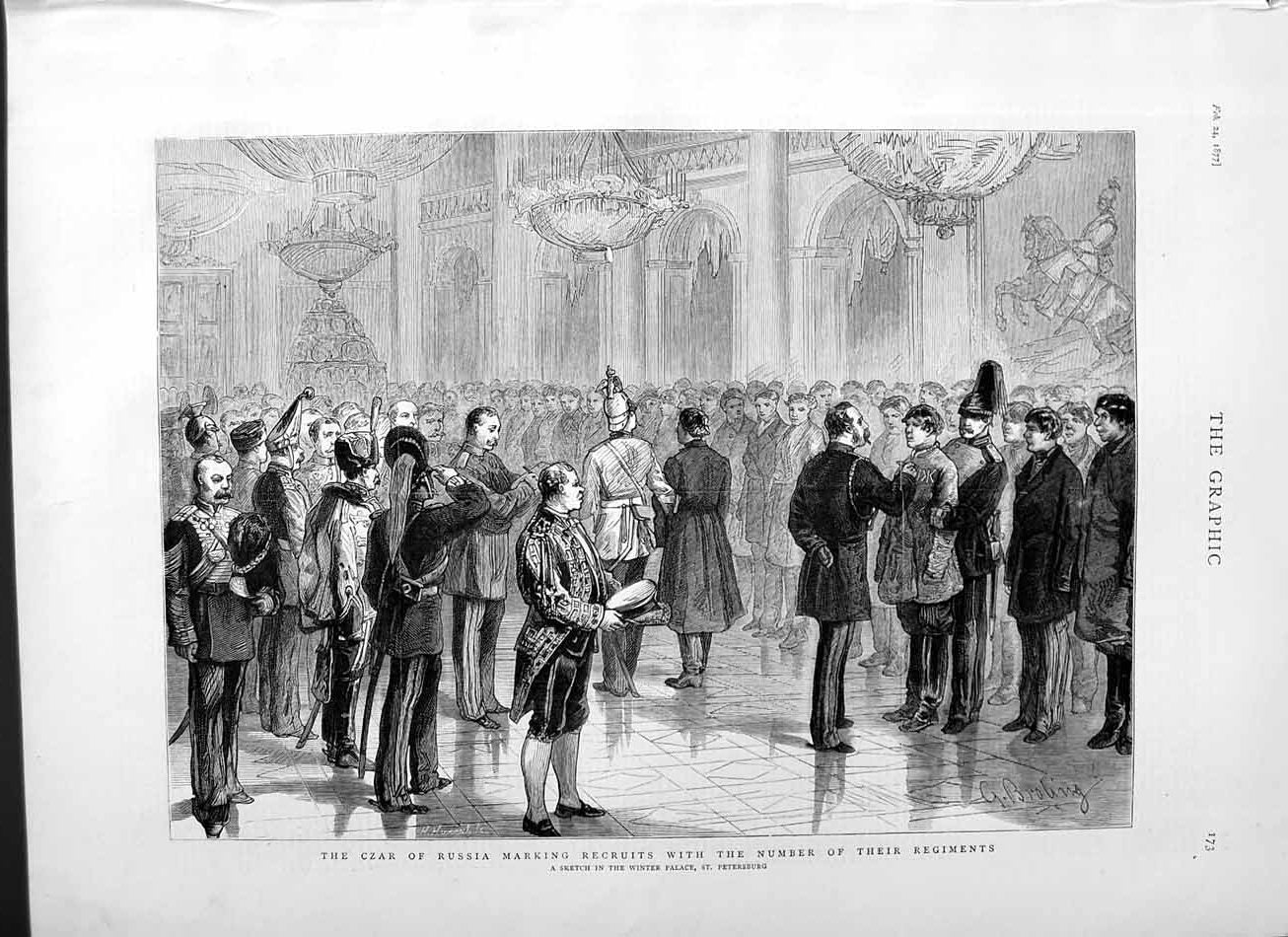 Original Old Antique Print 1877 Czar Russia Winter Palace St. Petersburg Army