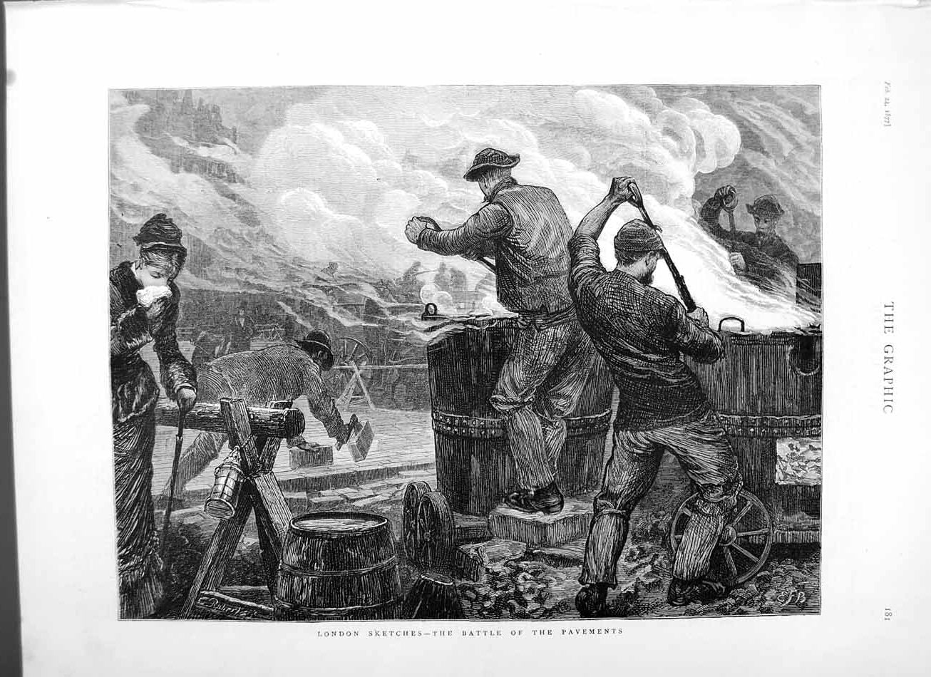Old Antique Print 1877 London Battle Pavements Men Road-Building Industry 19th