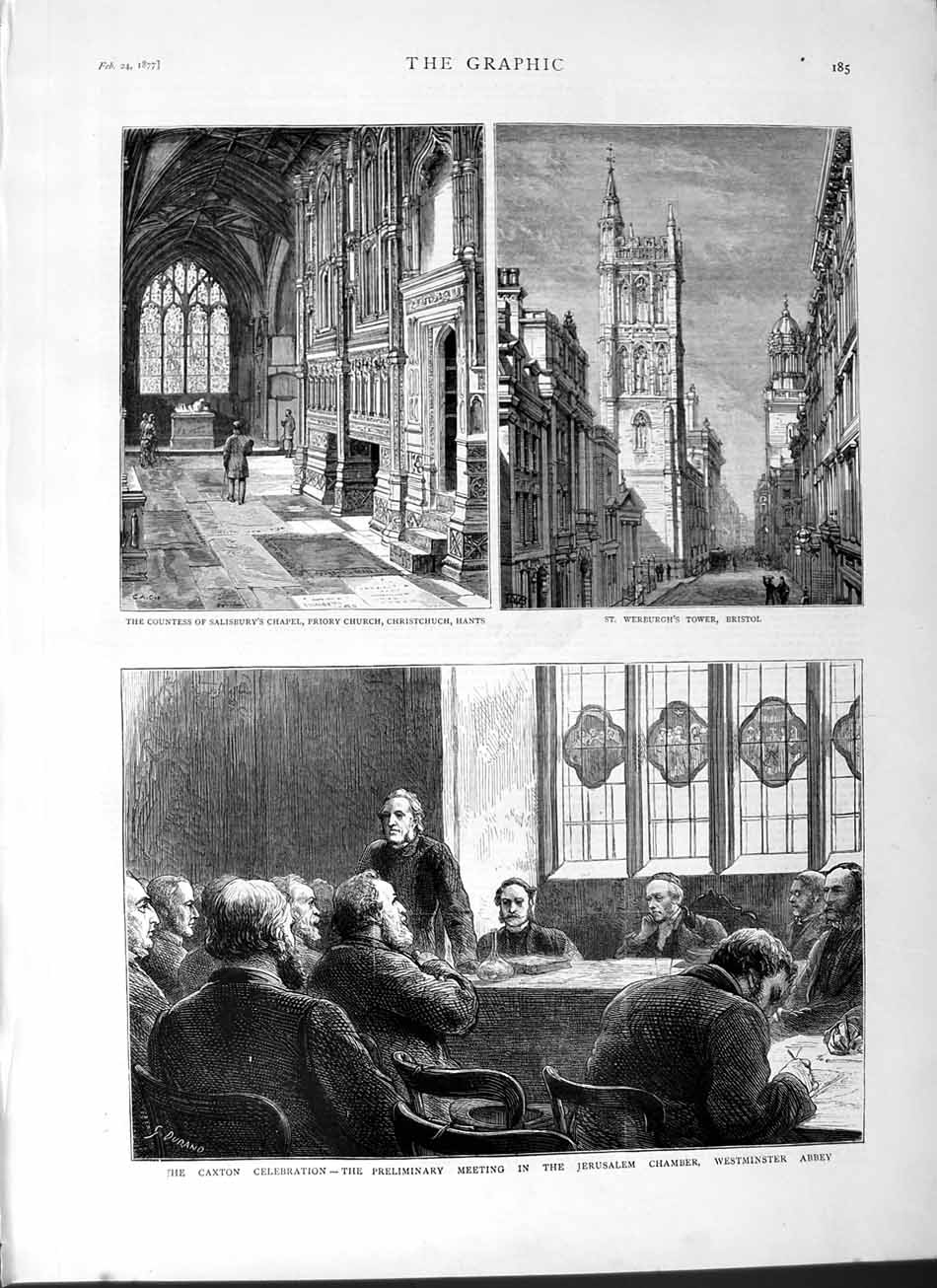 Original Old Antique Print 1877 Caxton Jerusalem Chamber Westminster Werburgh