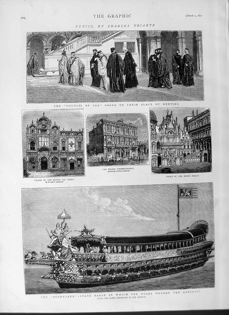Original Old Antique Print 1877 Venice Palace Bucentaur State Barge Doges Ship