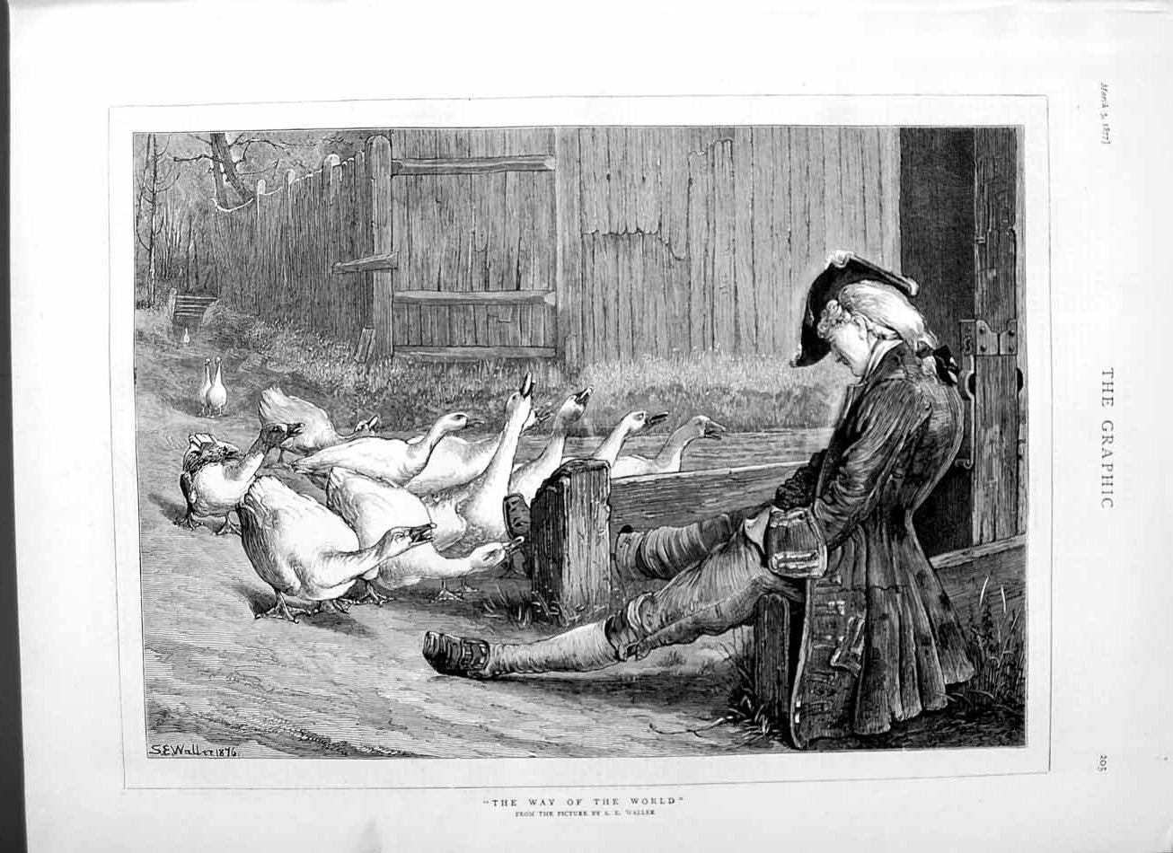 Original Old Antique Print 1877 Waller Fine Art Sleeping Man Farm Geese Birds