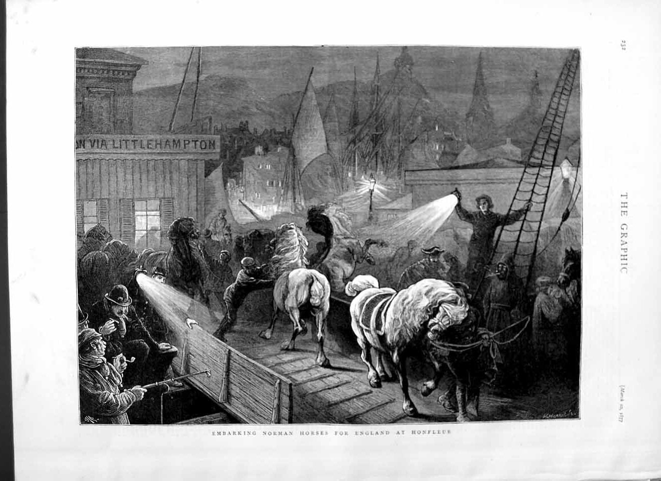 Original Old Antique Print 1877 Ship Embarking Norman Horses England Honfleur